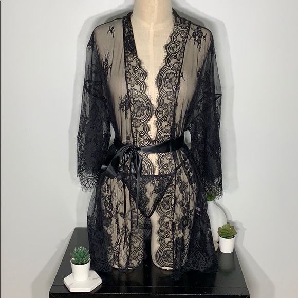 Black Lace Lingerie Robe And Thong Set With Satiny Belt - Picture 13 of 16